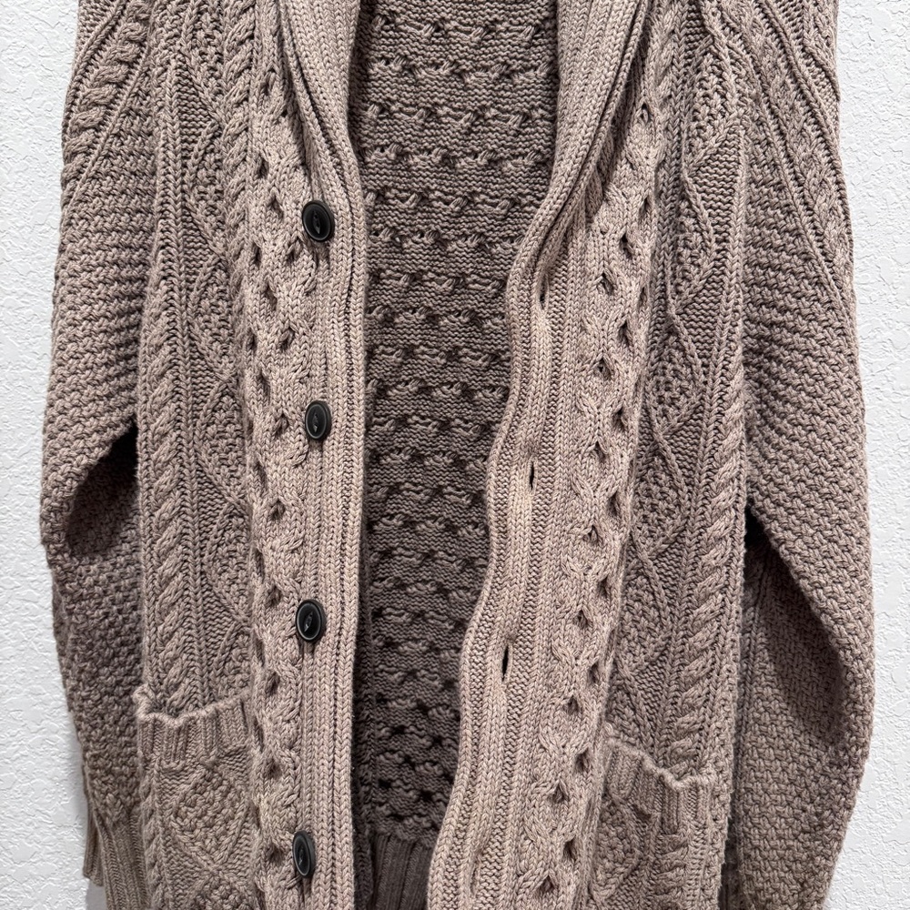LLBean Signature Fisherman Cable Knit Sweater Cardigan Grandpa Cotton Brwn Tan L - Picture 4 of 16